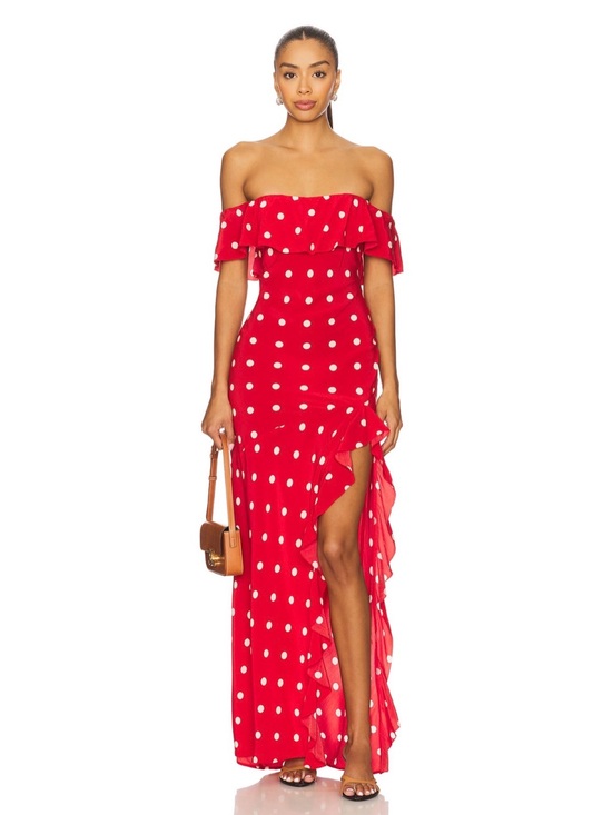 MAJORELLE Dresses & Skirts - MAJORELLE Deanna Gown in Cherry Red Polka Dot Off-Shoulder Ruffle Maxi sz S